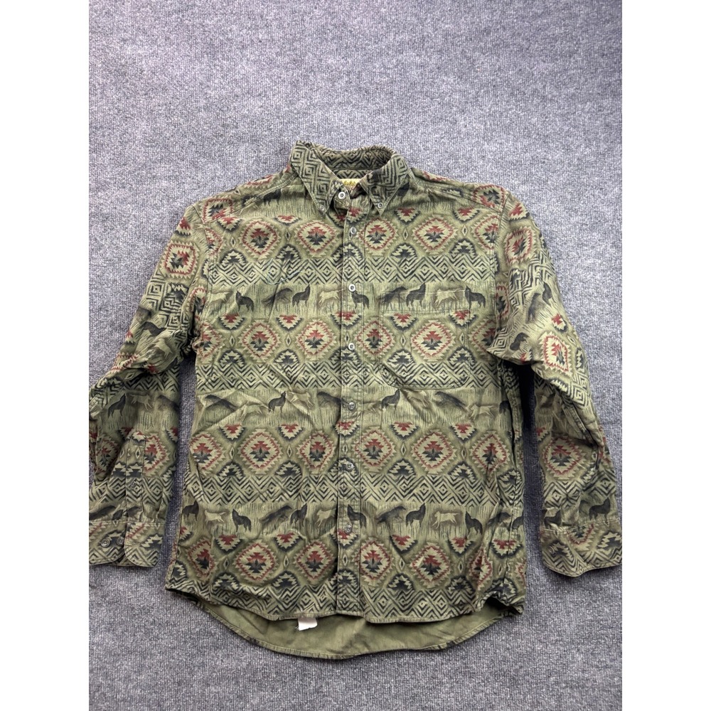 Cabelas Chamois Shirt Mens L Green Southwestern Wolf Print Cotton Button Down